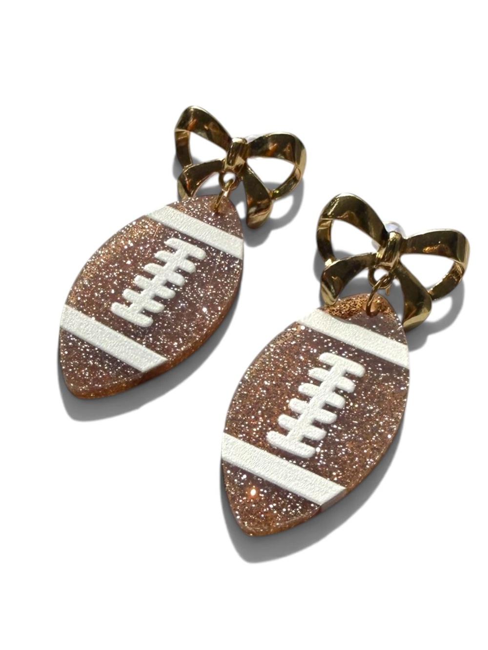 Gold Bow Drop Earrings with Glitter Brown Football Charms